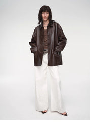 "Fashionable Kuoxi" goatskin simple and versatile retro suit-style leather windbreaker jacket