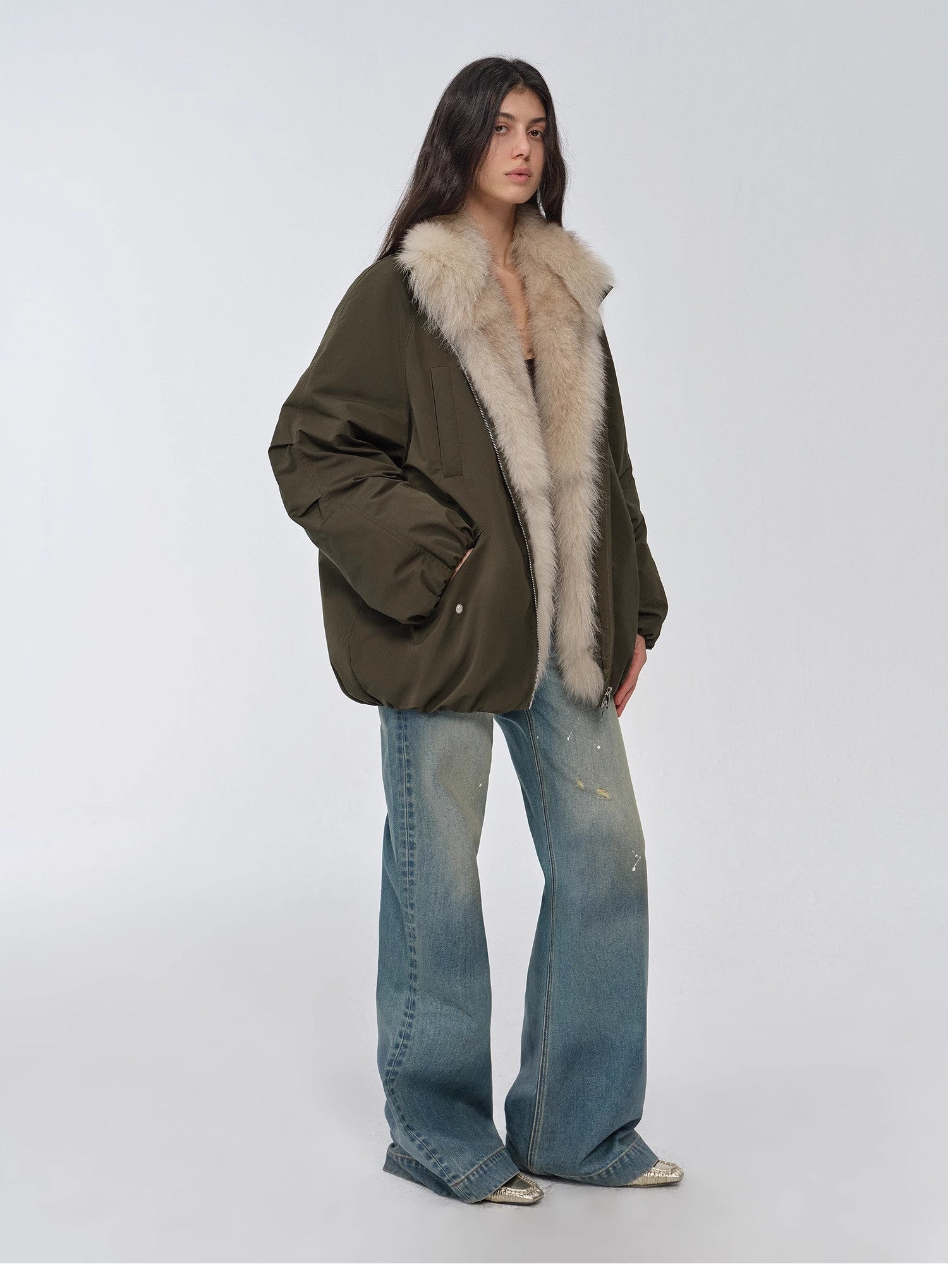 "Warm Dialogue" Two-tone fox fur collar detachable 90 goose down jacket mid-length down parka