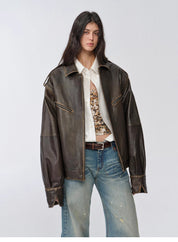 "Barn Feelings" Vintage distressed vegetable tanned sheepskin sleeves removable two-way genuine leather jacket