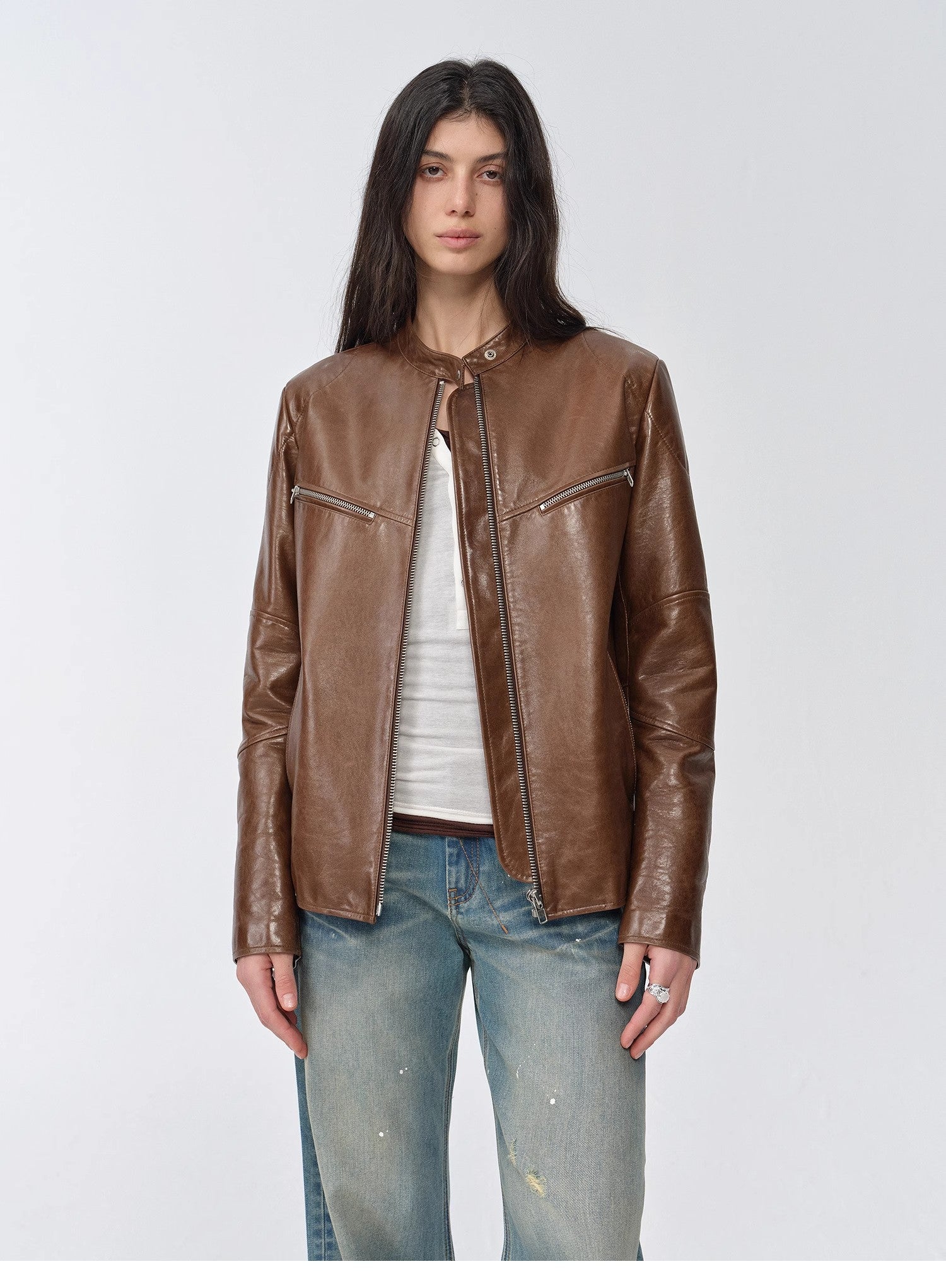 New Zealand imported waxed sheepskin/cowhide vintage motorcycle leather jacket "Manhattan Dark Night"
