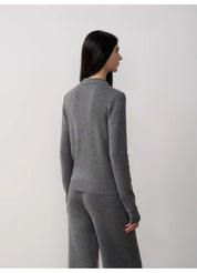 "Lazy urban" Yangtze Merino wool polo-neck cardigan straight-leg knitted pants suit