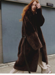 "Mocha Phantom" Merino wool dropped shoulder long asymmetric placket sheepskin coat