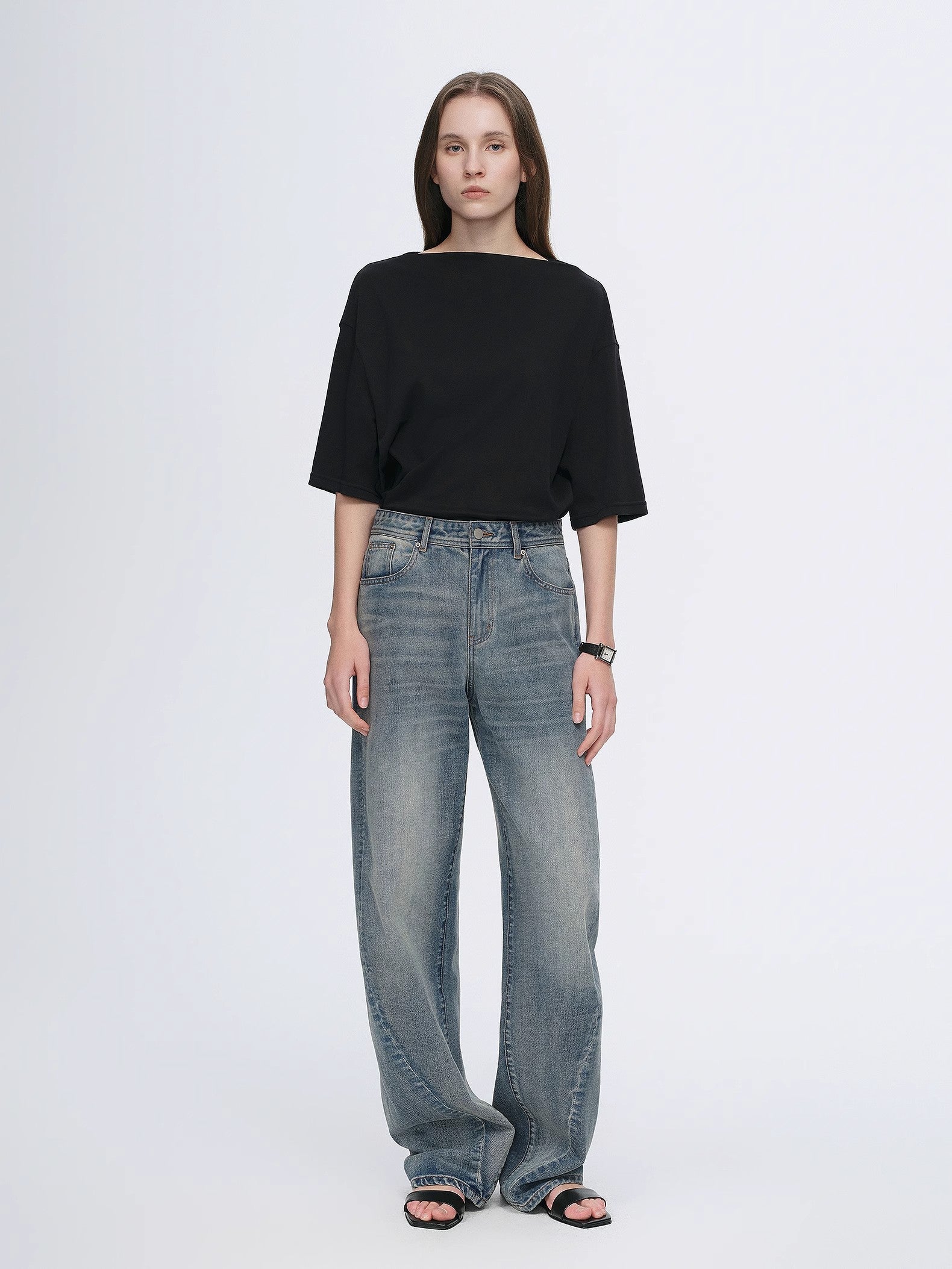 Vintage heavy cotton polyester blended washed comfortable slim front curved jeans