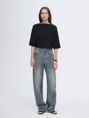 Vintage heavy cotton polyester blended washed comfortable slim front curved jeans