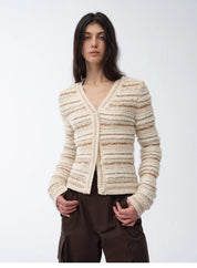 "Nice Weekend" striped mixed woven V-neck early spring layered knitted cardigan top