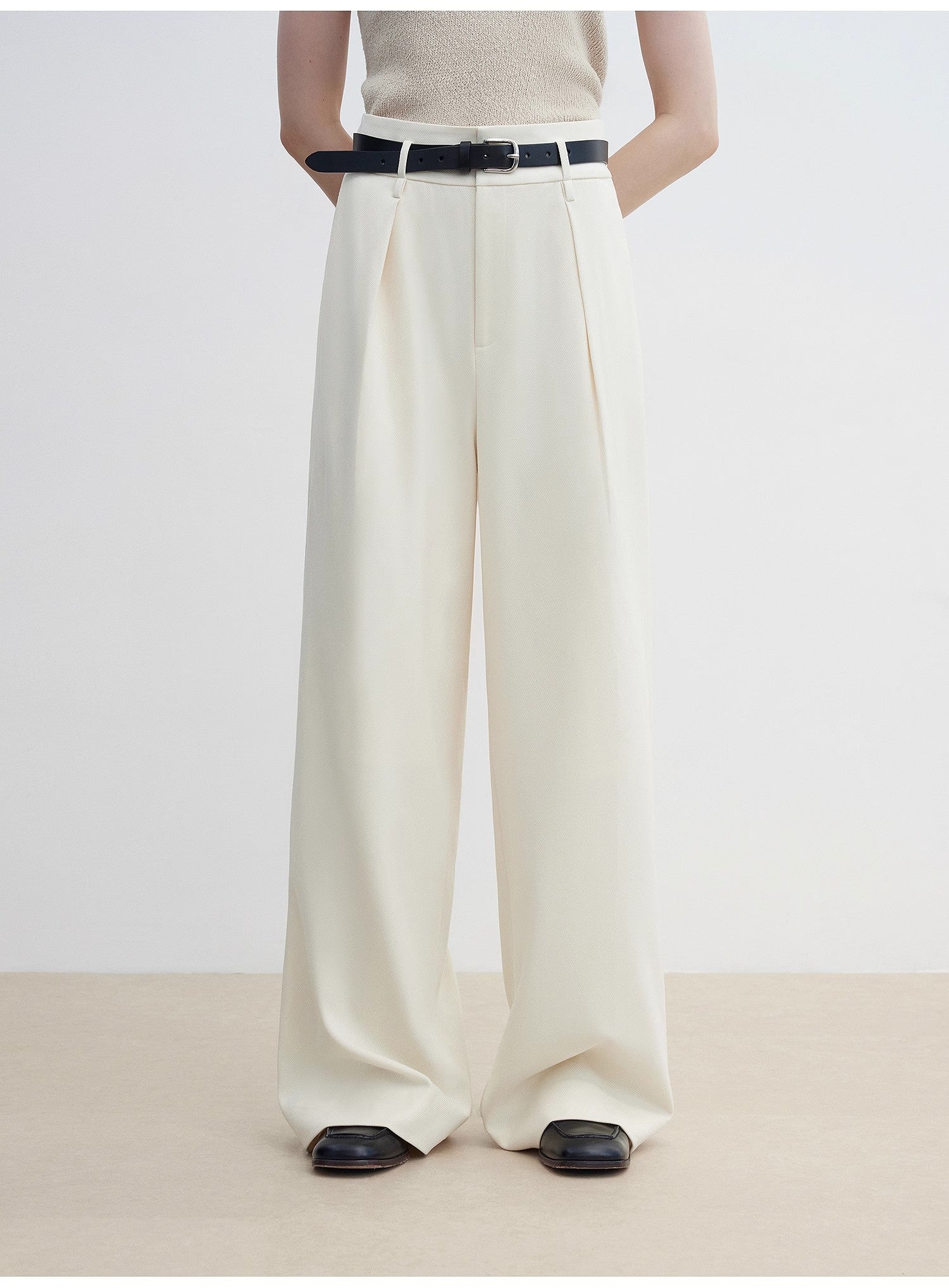 Women's white straight casual wide waist drape floor-length wide leg pants