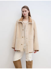 “Vintage Manor”High Quality Wool Contrast Lapel Reversible Artificial Compound Suede Shearling jacket