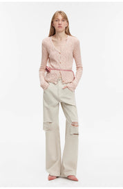 "Spring Grass Single" luxury brand same version cotton linen yarn V-neck slim pit short knitted cardigan