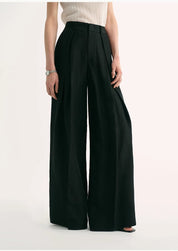 Silk Linen Pleated Wide Leg A-Line Trousers Casual Pants