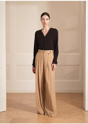 Merino wool blended double pleated wide-leg pants for women, versatile, drapey and comfortable casual trousers