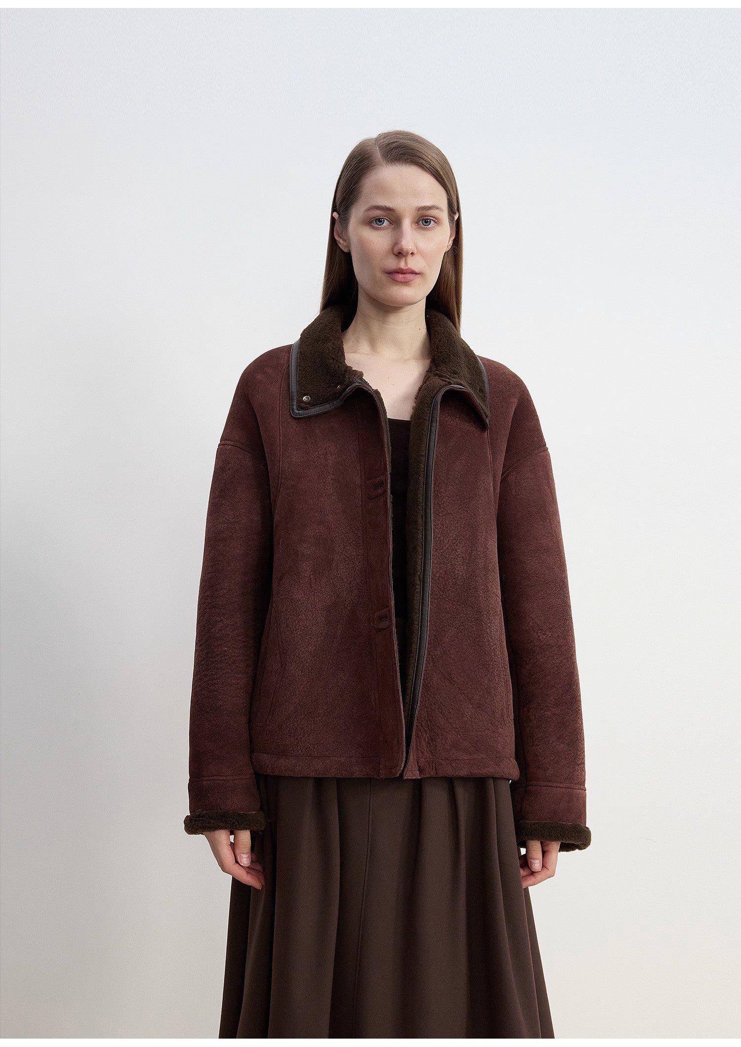 "Knight's Contract" Merino wool sheepskin coat with fur-faced stand-up collar