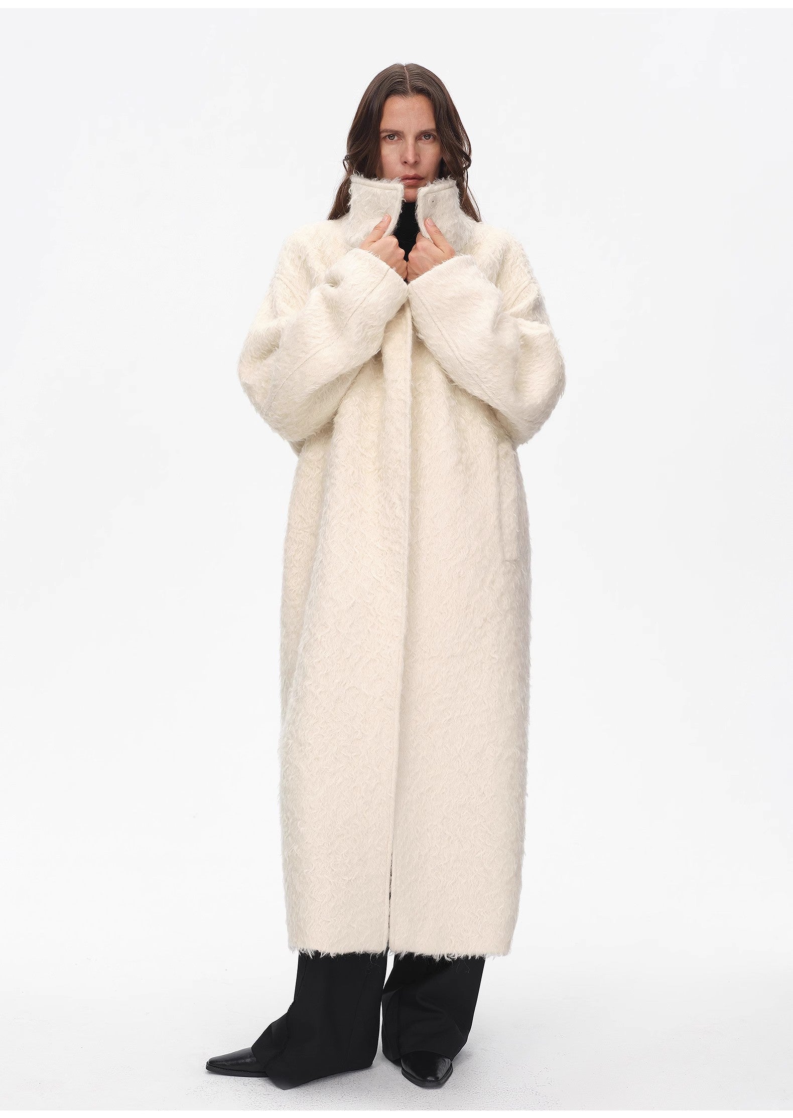 "Song of Snowland"Women's mohair wool stand collar coat autumn and winter loose woolen coat