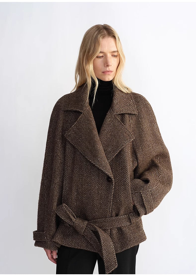 "Warm Cocoon" Italian Herringbone Wool Classic Lapel Micro-coon Short Wool Coat for Women