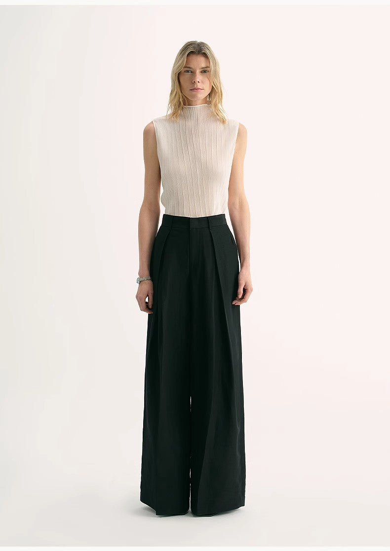 Silk Linen Pleated Wide Leg A-Line Trousers Casual Pants