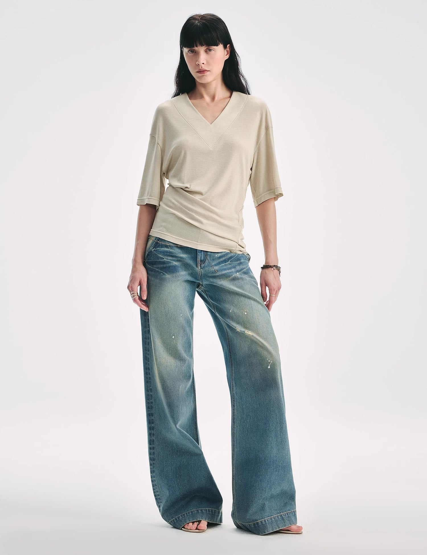 Silk Tencel blended pleated V-neck loose dropped shoulder T-shirt"Inspiration Bag"
