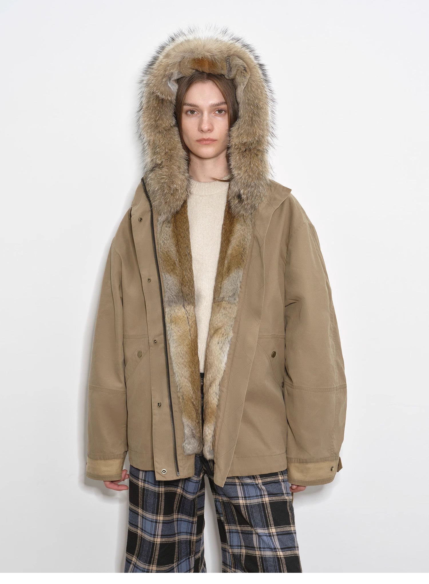 "Impressionist" 90 goose down jacket, detachable wolf fur collar, rabbit fur lining, hooded down parka