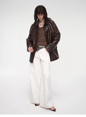 "Fashionable Kuoxi" goatskin simple and versatile retro suit-style leather windbreaker jacket