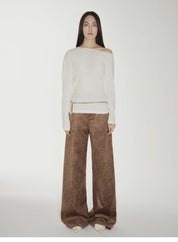 "Vintage Walk" Retro nostalgic chenille suede mid-rise cashew smudge print scimitar pants