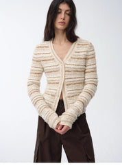 "Nice Weekend" striped mixed woven V-neck early spring layered knitted cardigan top