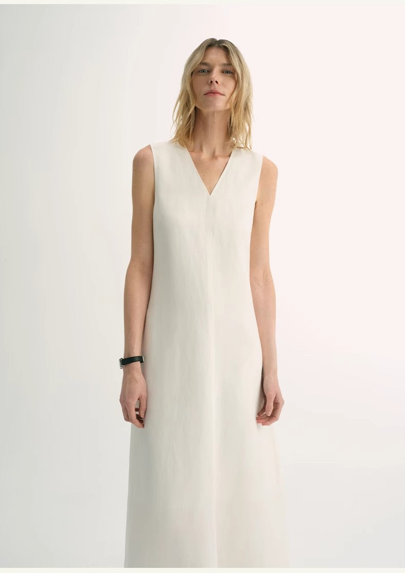 Lightweight and zero-pressure cupro linen textured anti-wrinkle V-neck sleeveless A-line dress