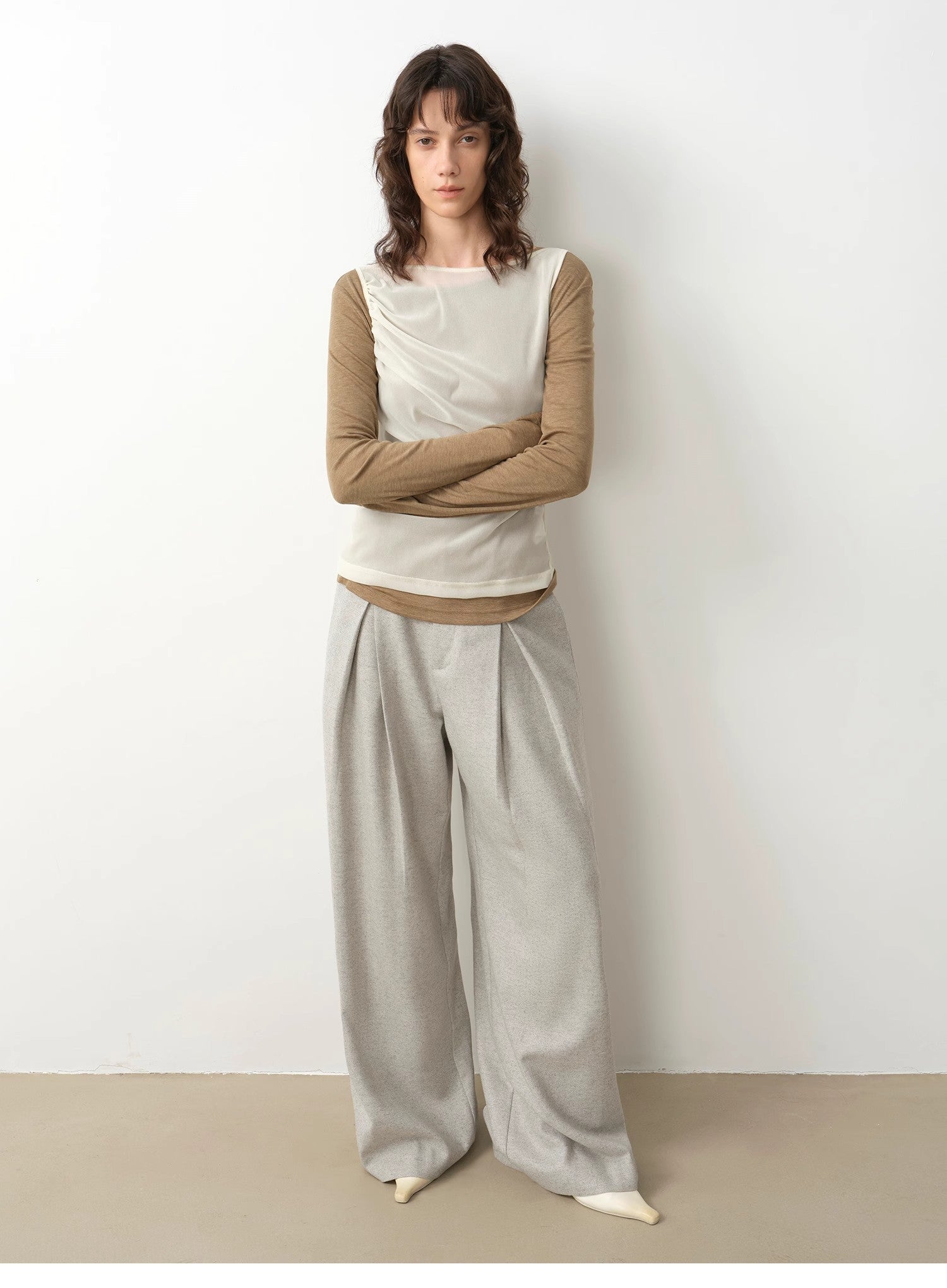 "City Stroll" casual and relaxed wool-blend double-pleated straight draped wide-leg casual trousers for autumn