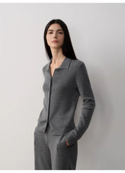 "Lazy urban" Yangtze Merino wool polo-neck cardigan straight-leg knitted pants suit