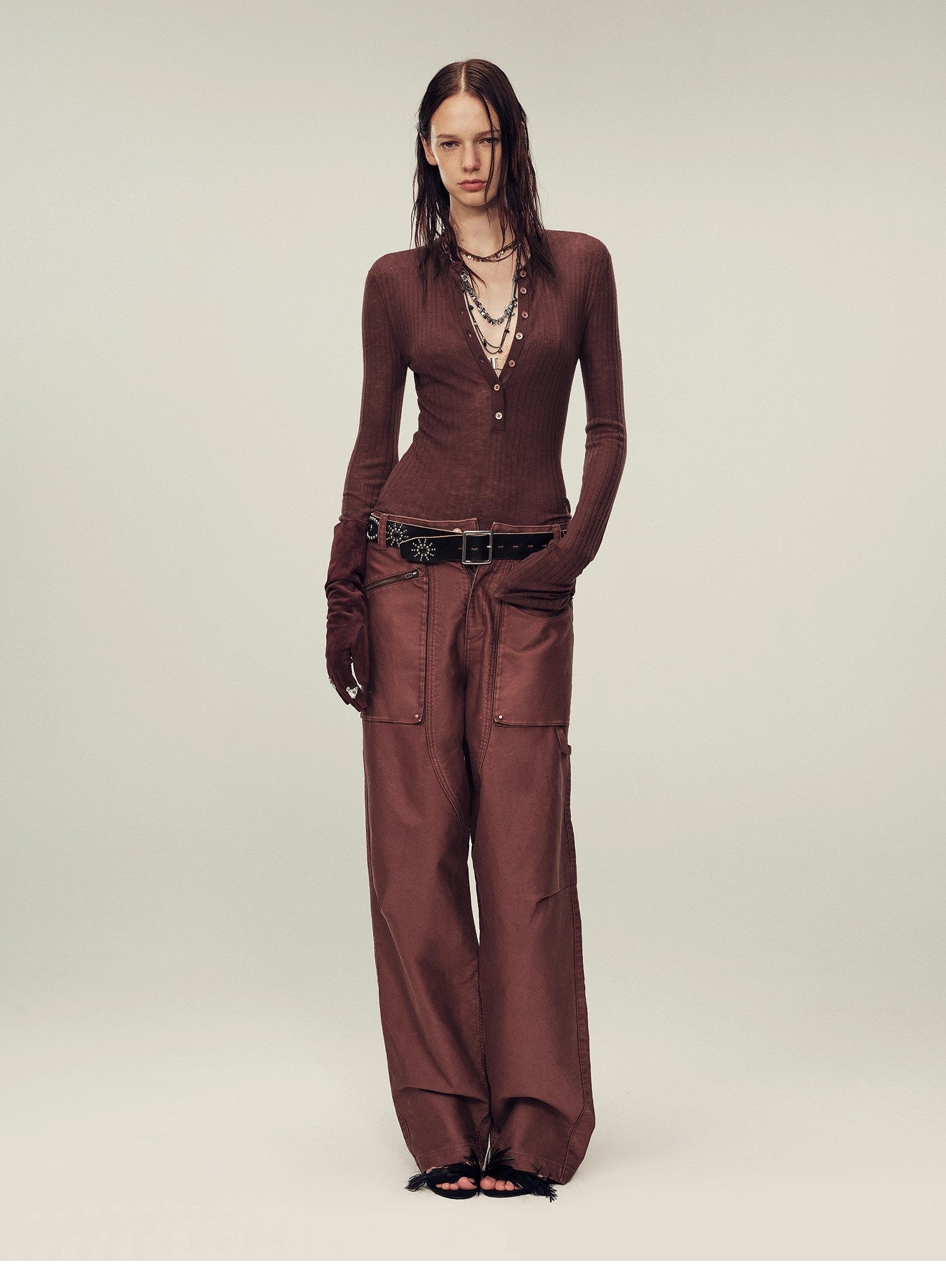 Ultrafine water-soluble wool blended versatile V-neck cardigan long-sleeved knitted top "Warm Brown Quiet Autumn"