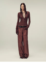 Ultrafine water-soluble wool blended versatile V-neck cardigan long-sleeved knitted top "Warm Brown Quiet Autumn"