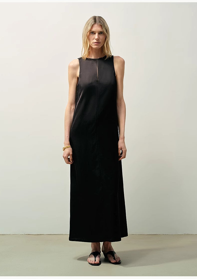 "Corridor Stride" skin-friendly and delicate imported acetate wool slimming hollow neckline A-line dress