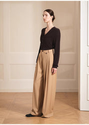 Merino wool blended double pleated wide-leg pants for women, versatile, drapey and comfortable casual trousers