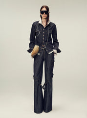 Vintage raw cotton and linen custom red copper rivet lapel pleated waist slim shirt "Daydream Blue"