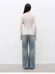 Women's Glove cuffs white sweater loose slightly flared long sleeve O-neck Slim Fit basic T-shirt，"urban simplicity"