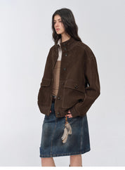 Vintage imported suede sheepskin leather ribbed patchwork jacket "Spring Whisper"