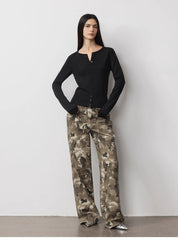 "Camouflage Charm " Cool, Trendy, Unique, and Personalized Original Camouflage Print Washed Loose Straight-Leg Denim Jeans