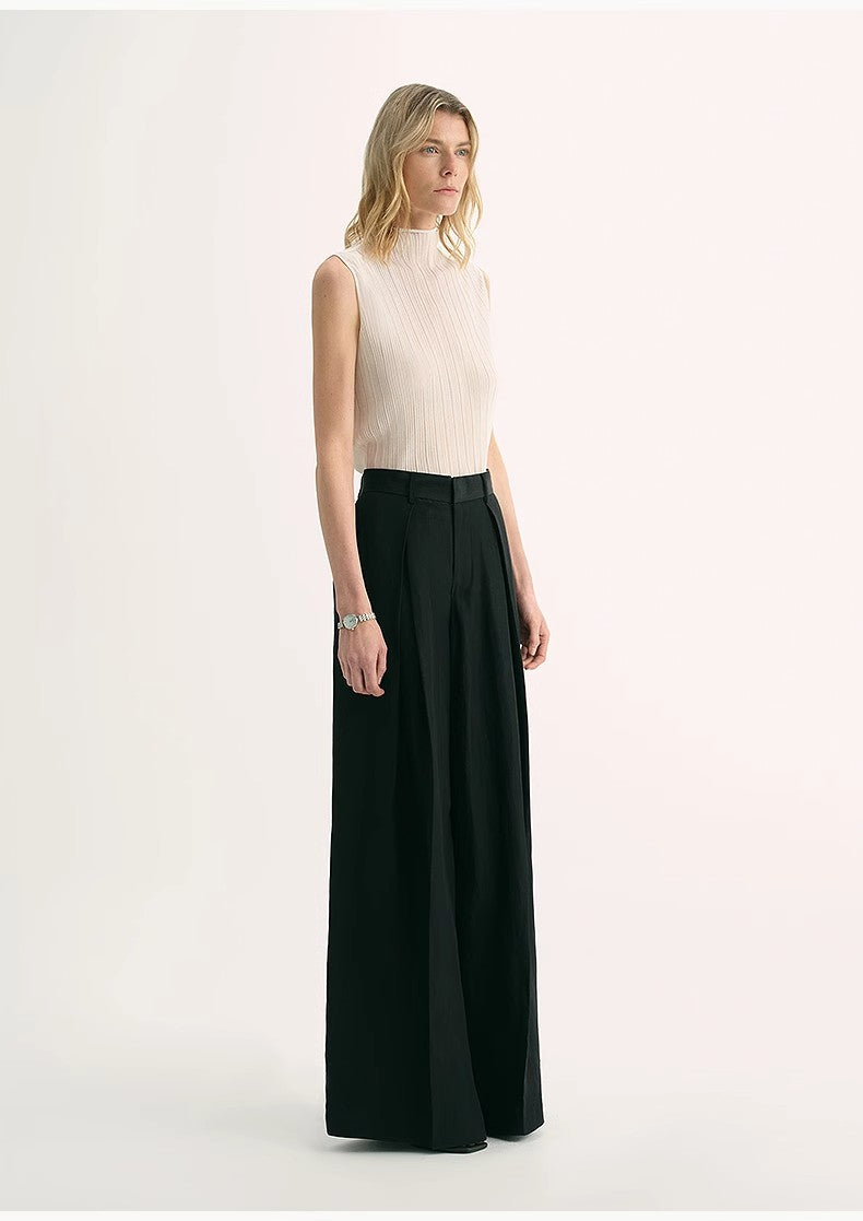 Silk Linen Pleated Wide Leg A-Line Trousers Casual Pants