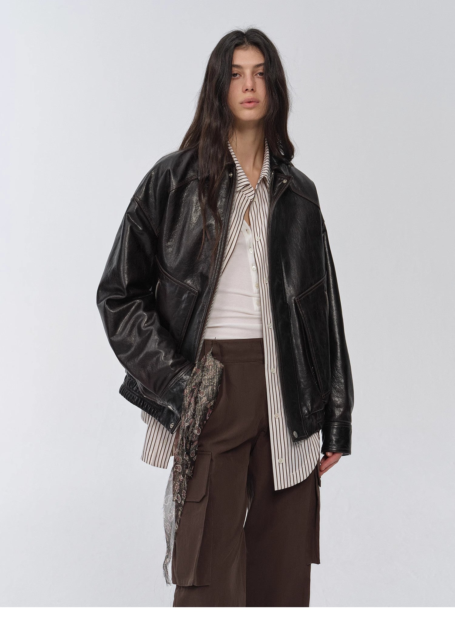 "New York International Student" Retro and fashionable imported waxed sheepskin leather bomber jacket