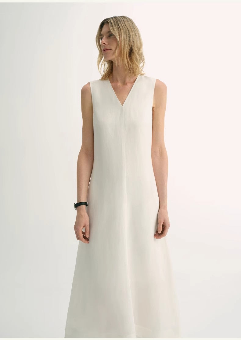 Lightweight and zero-pressure cupro linen textured anti-wrinkle V-neck sleeveless A-line dress