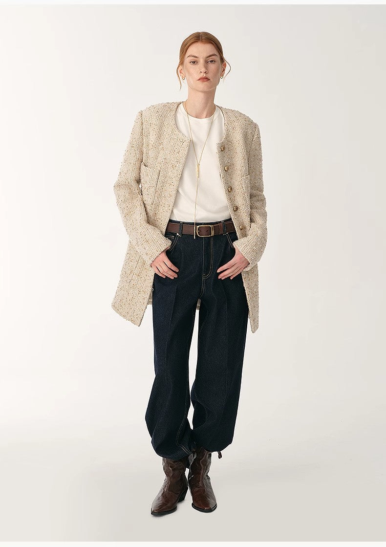 Heavy wool tweed high-end exquisite round neck patch pocket slim Chanel jacket for women