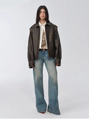 "Barn Feelings" Vintage distressed vegetable tanned sheepskin sleeves removable two-way genuine leather jacket