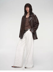 "Fashionable Kuoxi" goatskin simple and versatile retro suit-style leather windbreaker jacket