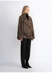 "Warm Cocoon" Italian Herringbone Wool Classic Lapel Micro-coon Short Wool Coat for Women