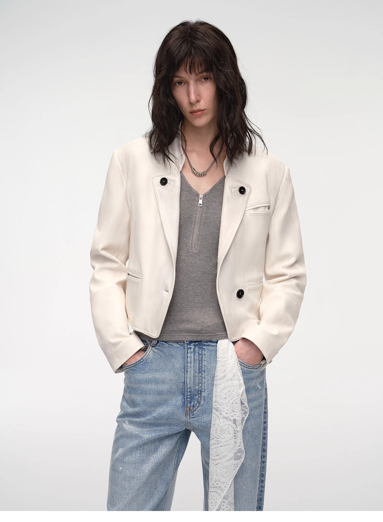 "Roman Story" Stand Collar Suit Sheepskin Leather Short Jacket