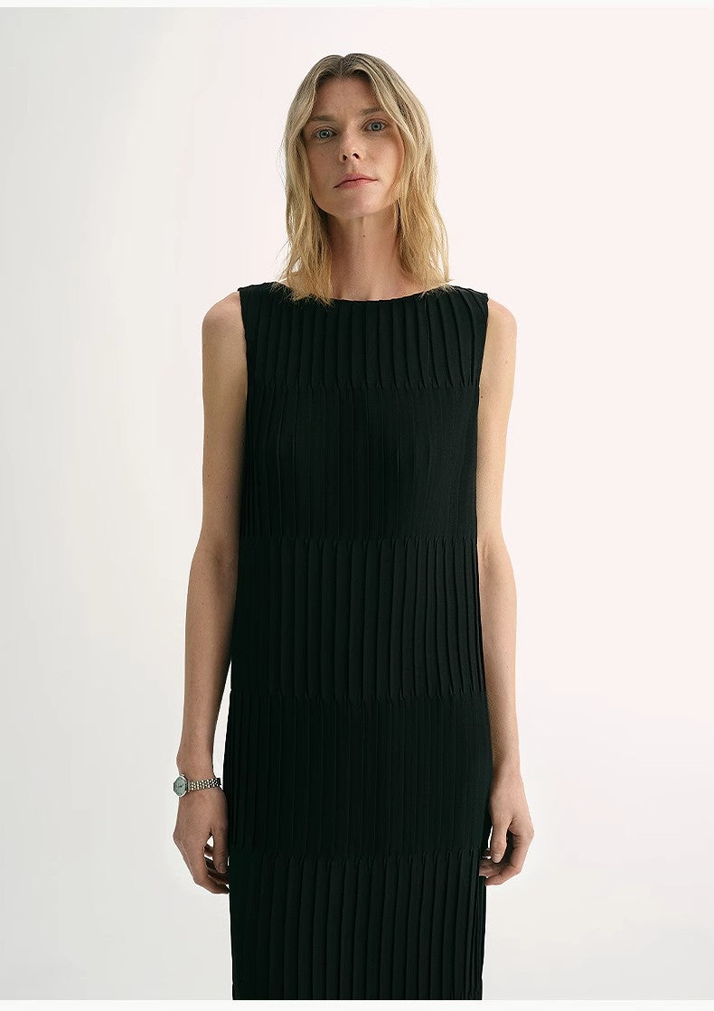Original design handmade pleated straight sleeveless boat neck dress