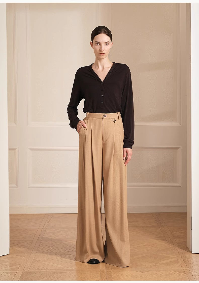 Merino wool blended double pleated wide-leg pants for women, versatile, drapey and comfortable casual trousers