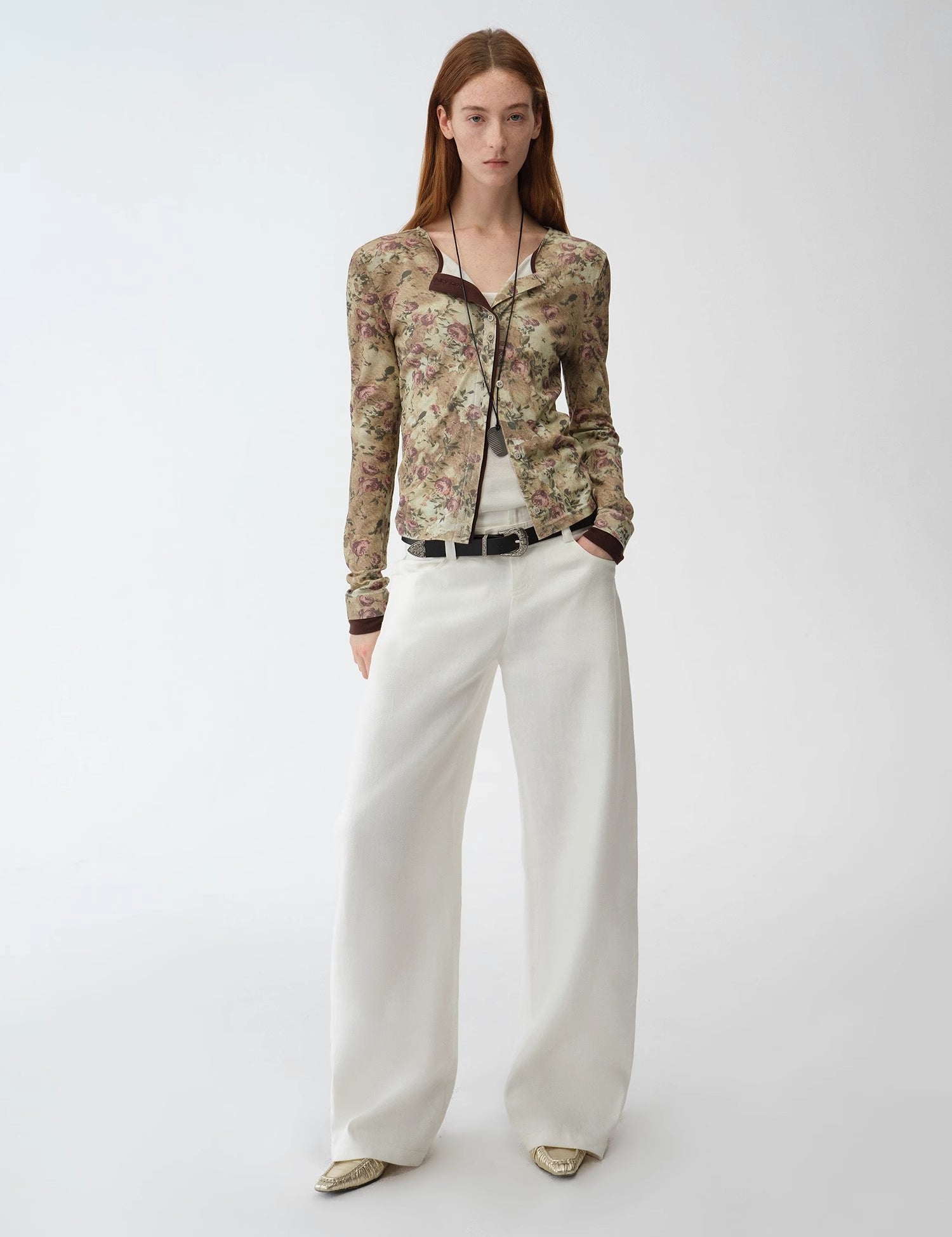 Original retro ethnic print Tencel Merino wool blend long-sleeved shirt"Senna Flower House"