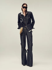 Vintage raw cotton and linen custom red copper rivet lapel pleated waist slim shirt "Daydream Blue"