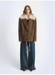 "Vertical Texture" Wool Tweed Coat Detachable Fur Collar Suit Parker