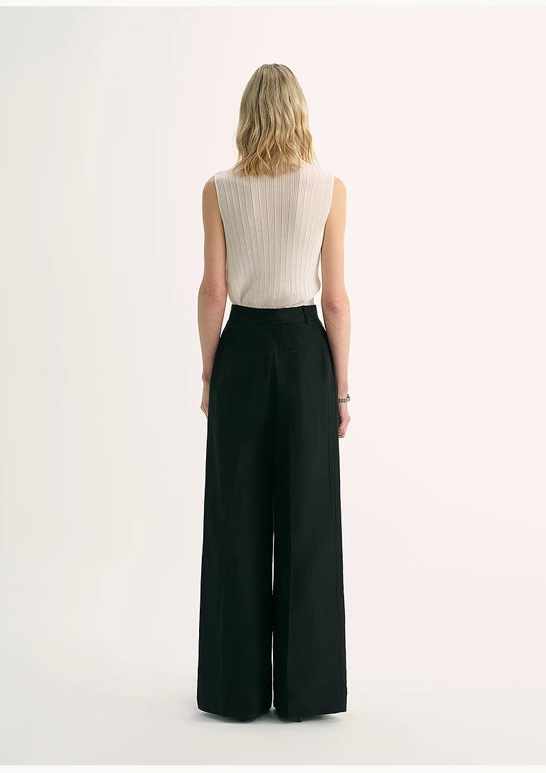 Silk Linen Pleated Wide Leg A-Line Trousers Casual Pants