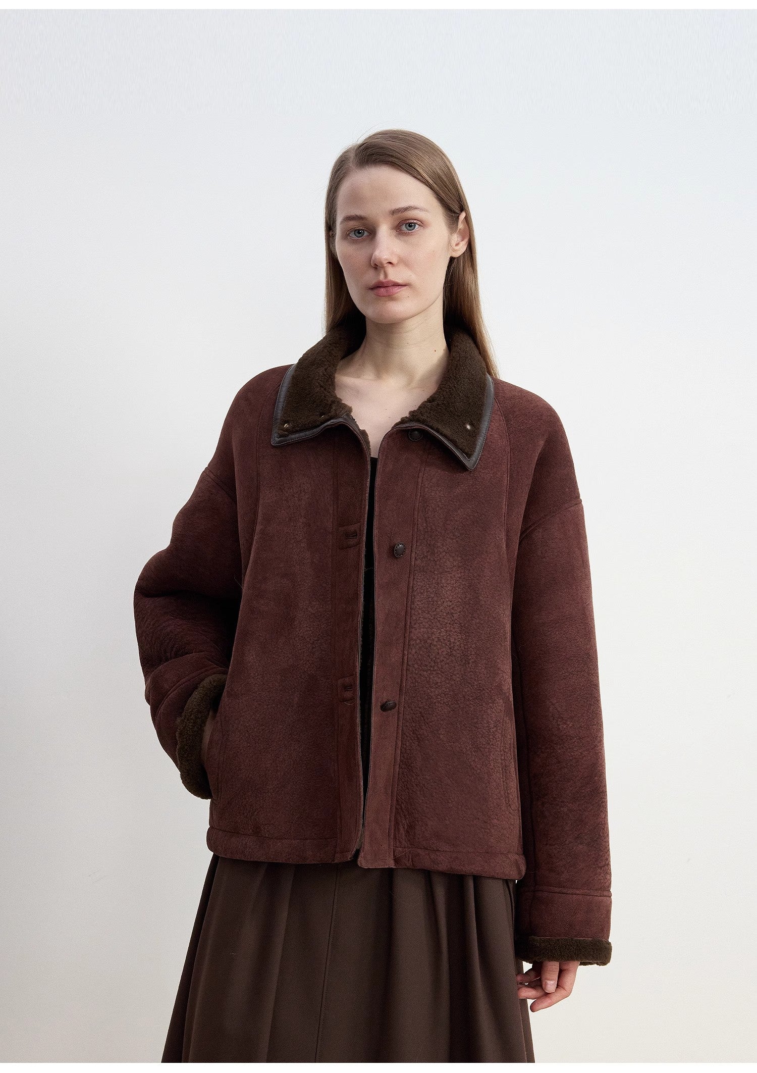 "Knight's Contract" Merino wool sheepskin coat with fur-faced stand-up collar