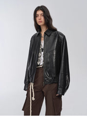 "Fashionable Luke" imported waxed sheepskin leather retro work jacket coat for women